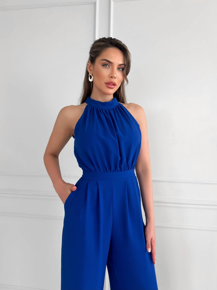 Saks Mavi Halter Yaka Uzun Tulum