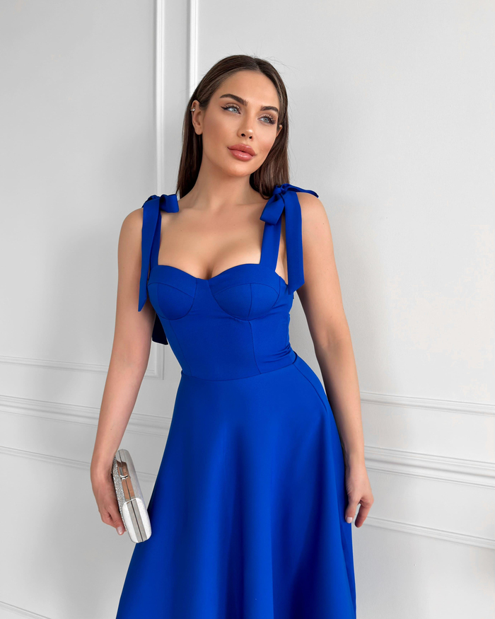 Saks Omuzdan Bağlamalı Midi Elbise