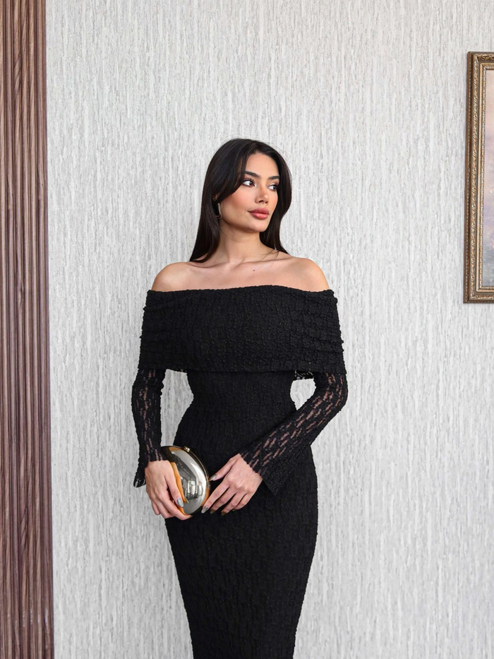 Şal Yaka Güpür Desenli Uzun Elbise