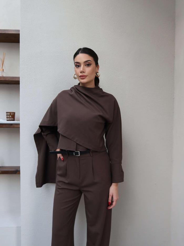 Şal Yaka Kemerli Gömlek Takım