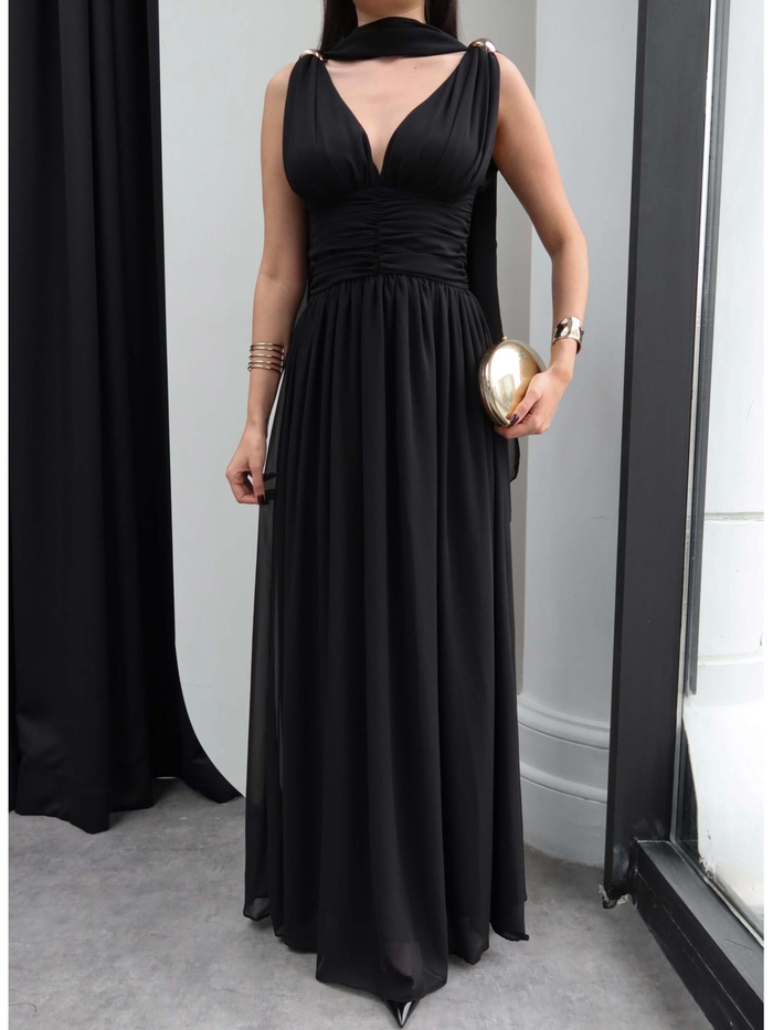 Şallı Bel Drapeli Şifon Maxi Elbise