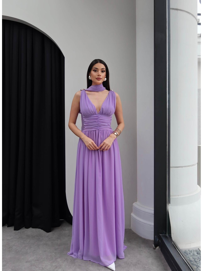 Şallı Bel Drapeli Şifon Maxi Elbise