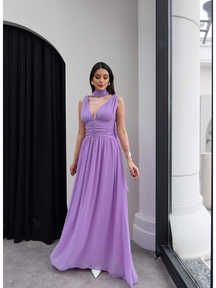 Şallı Bel Drapeli Şifon Maxi Elbise