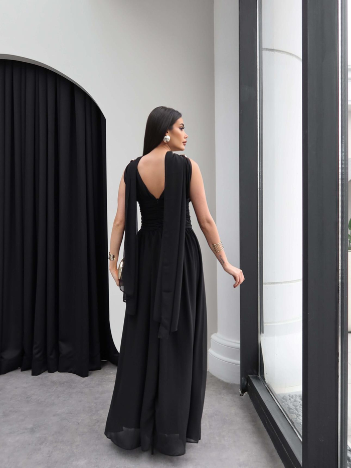 Şallı Bel Drapeli Şifon Maxi Elbise