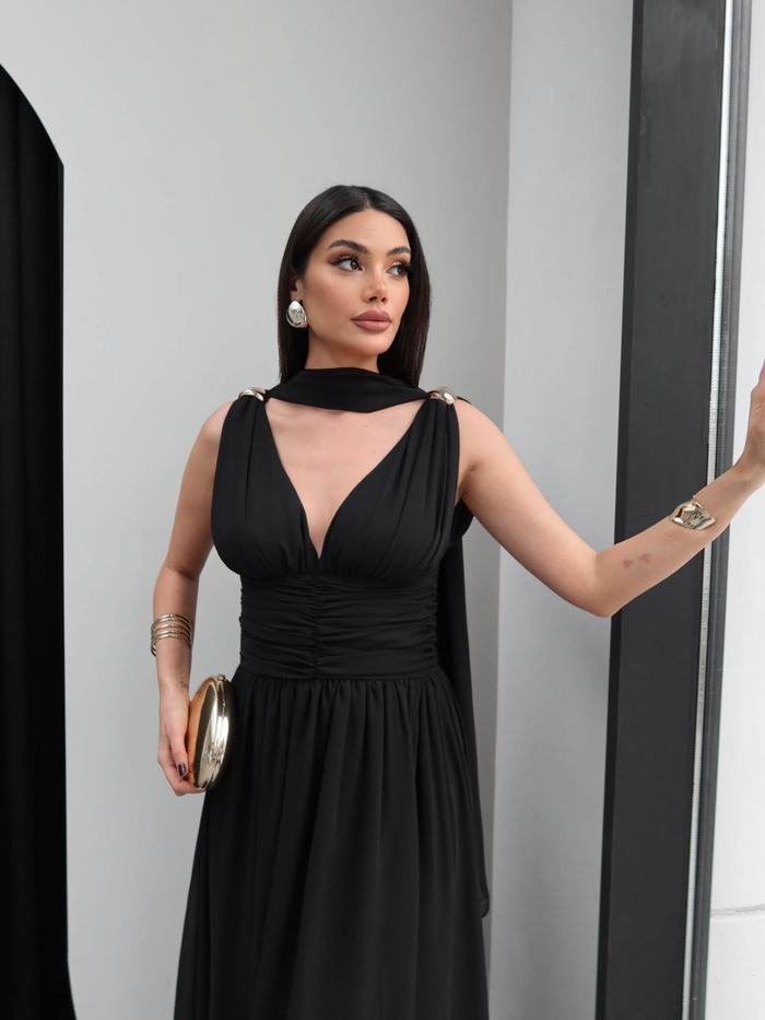 Şallı Bel Drapeli Şifon Maxi Elbise