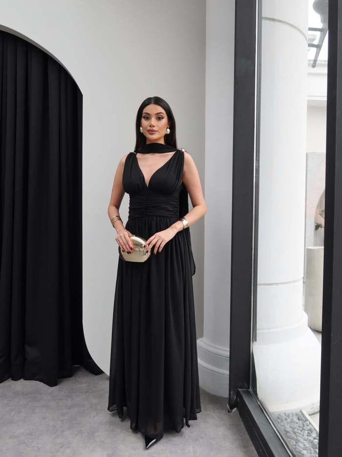 Şallı Bel Drapeli Şifon Maxi Elbise