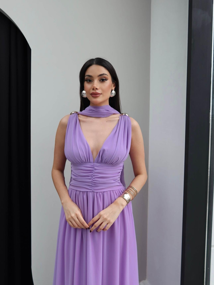 Şallı Bel Drapeli Şifon Maxi Elbise