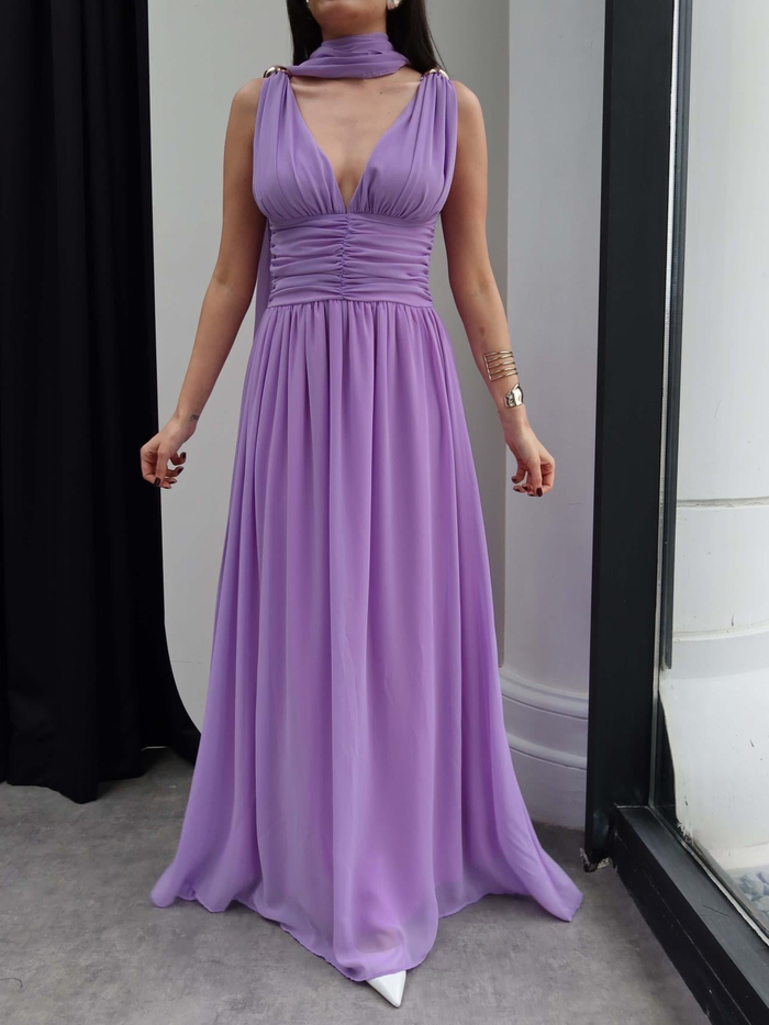 Şallı Bel Drapeli Şifon Maxi Elbise