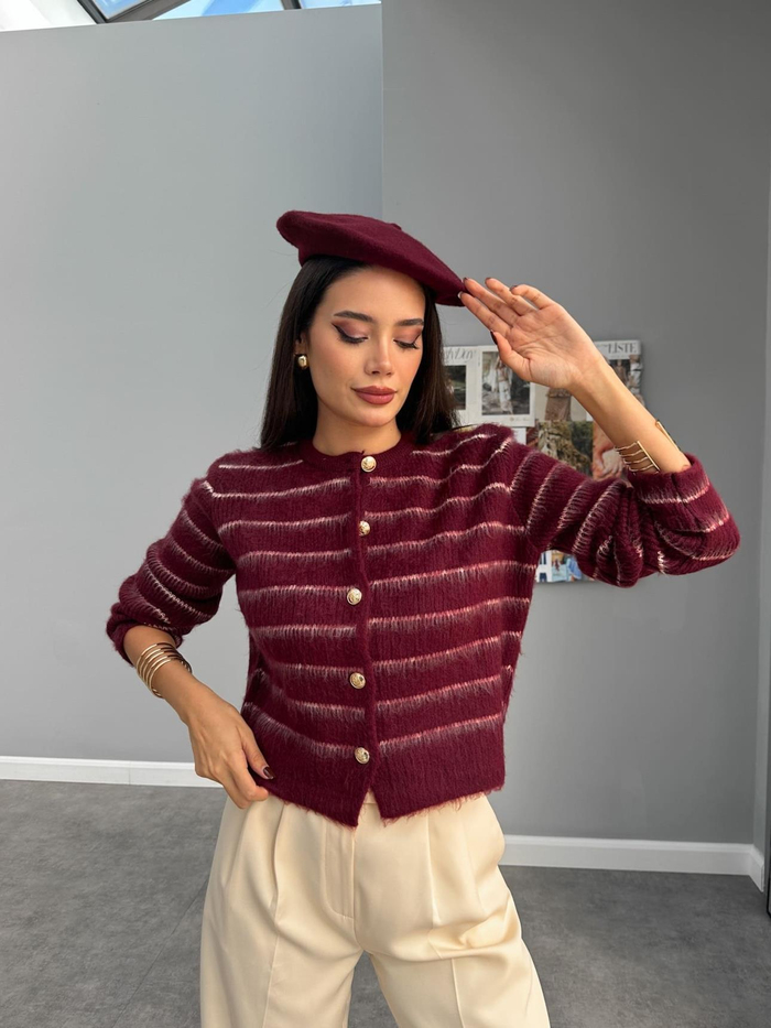 Şardonlu İnce Çizgili Hırka