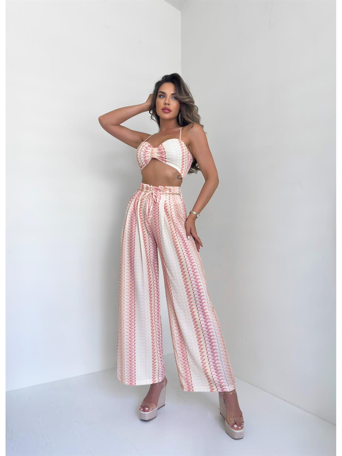 Sarı Desenli Crop Takım