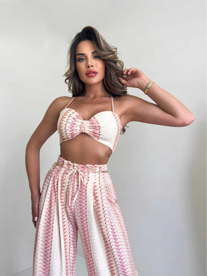 Sarı Desenli Crop Takım