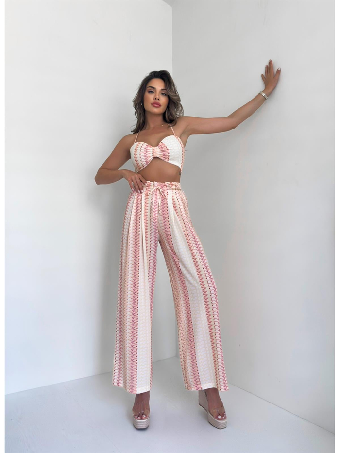 Sarı Desenli Crop Takım