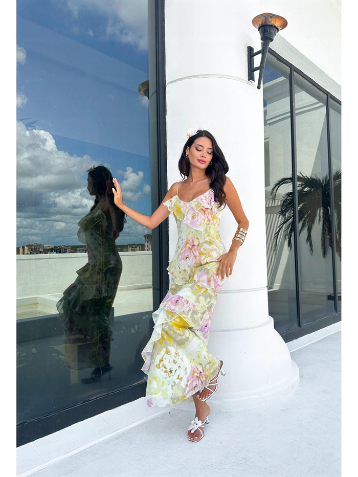 Sarı Floral Asimetrik Ruffled Elbise