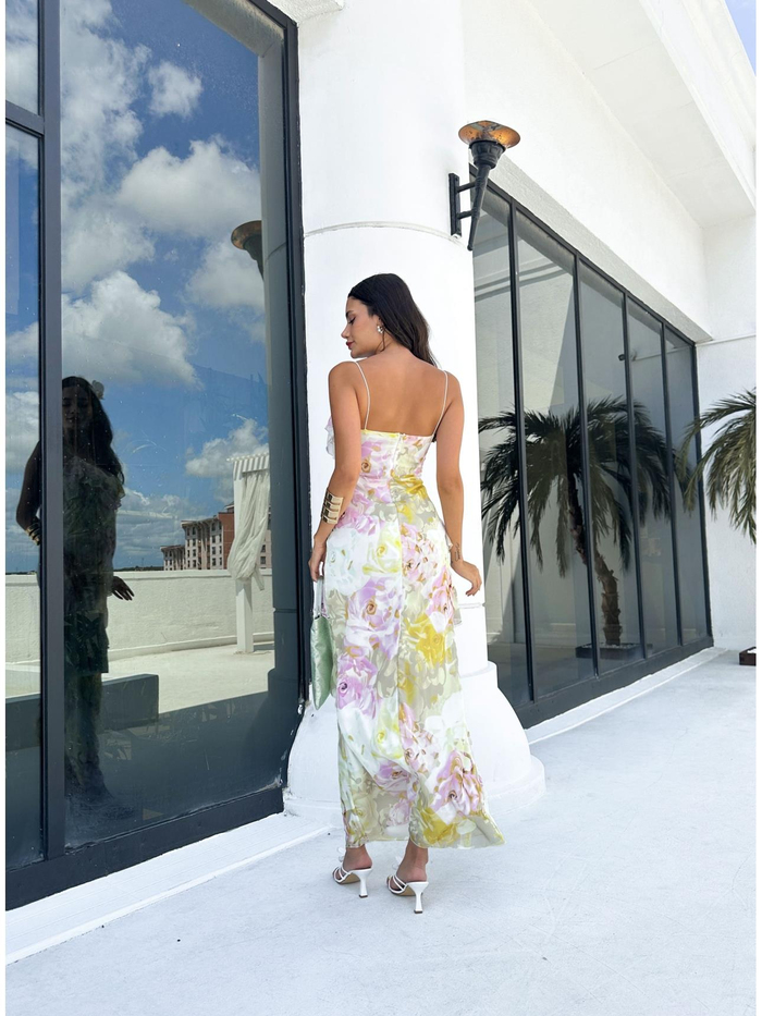 Sarı Floral Asimetrik Ruffled Elbise