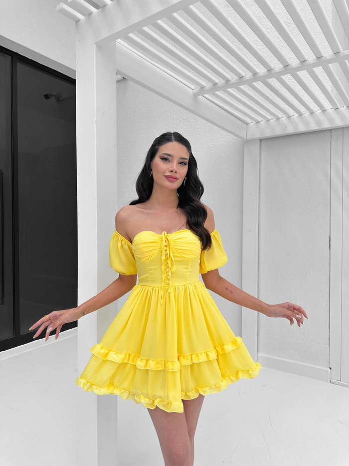 Sarı Straplez Fırfırlı Mini Elbise