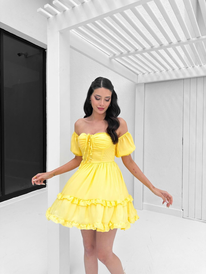 Sarı Straplez Fırfırlı Mini Elbise