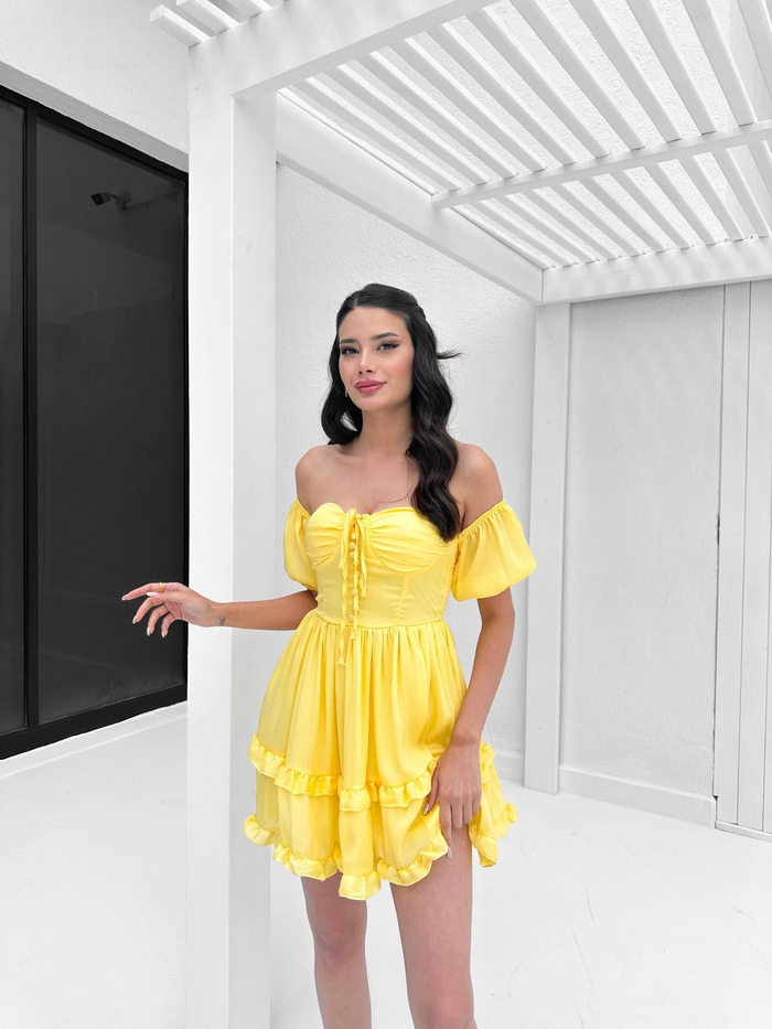 Sarı Straplez Fırfırlı Mini Elbise