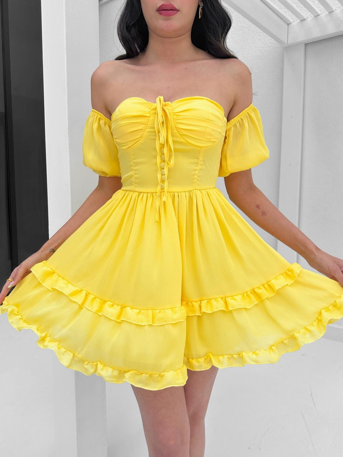 Sarı Straplez Fırfırlı Mini Elbise
