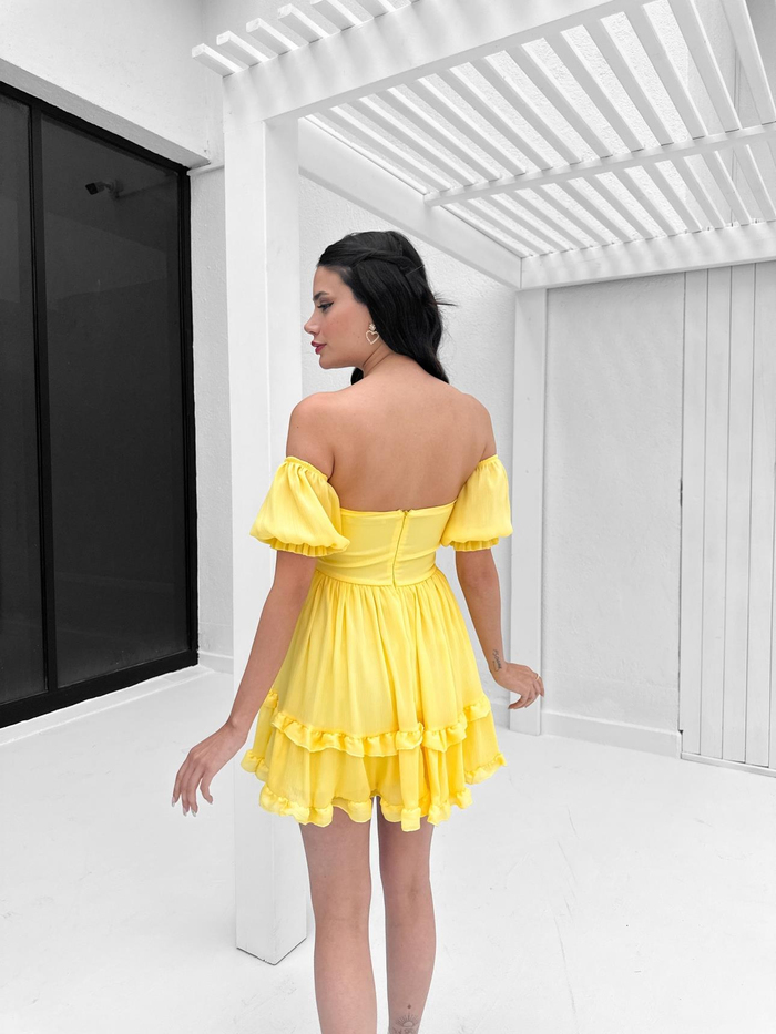 Sarı Straplez Fırfırlı Mini Elbise