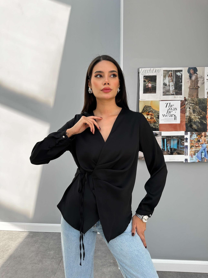 Saten Bağlamalı Drapeli Bluz