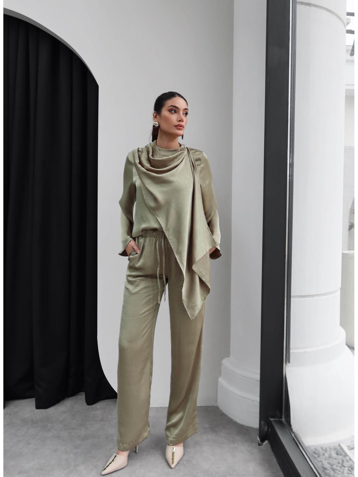 Saten Şallı Bluz Pantolon Takım