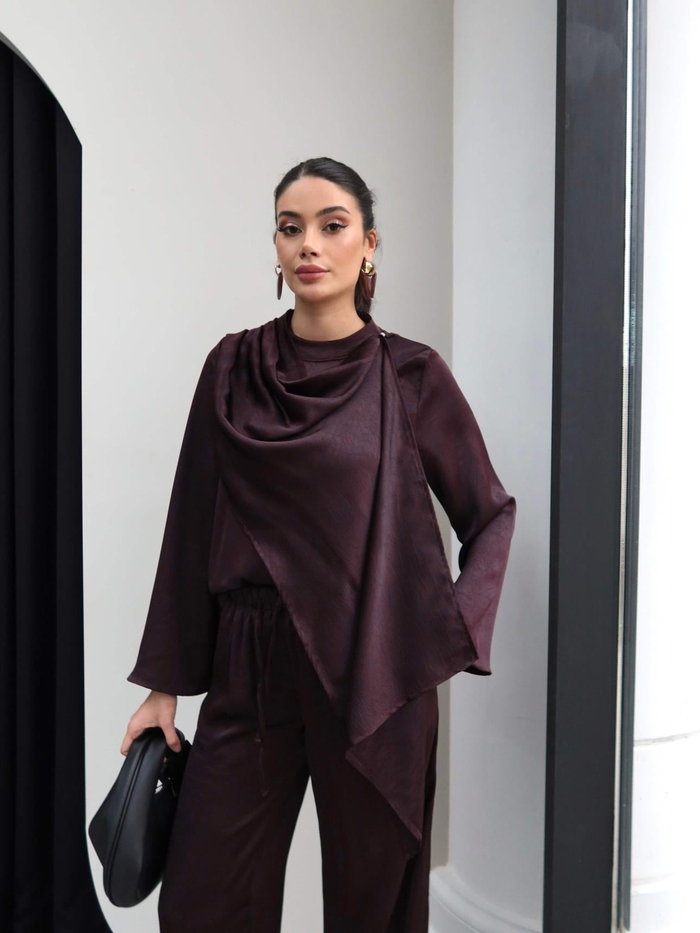 Saten Şallı Bluz Pantolon Takım