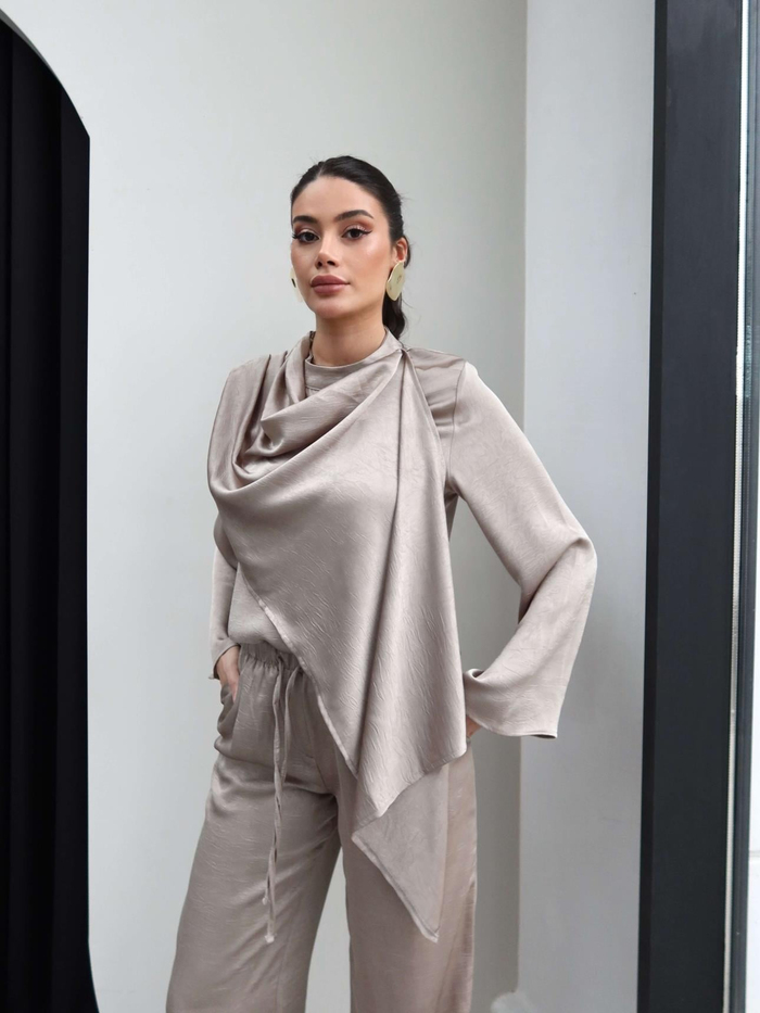Saten Şallı Bluz Pantolon Takım