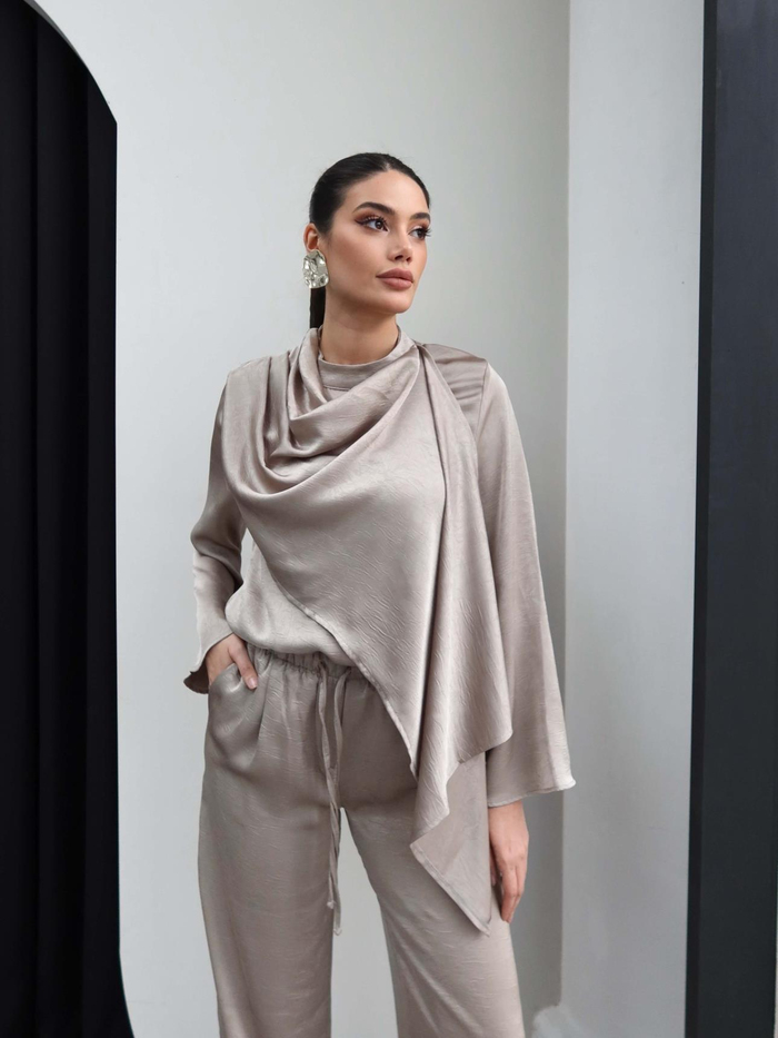 Saten Şallı Bluz Pantolon Takım