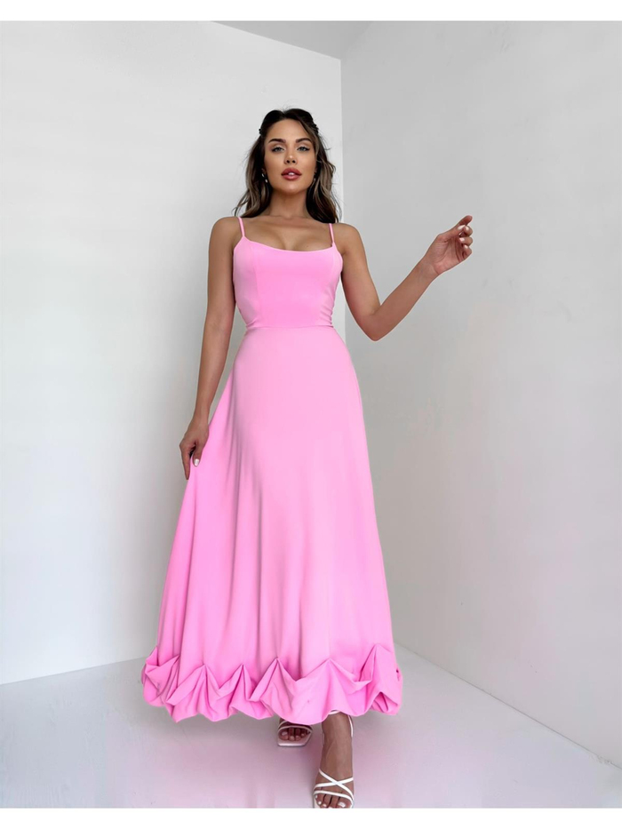 Şeker Pembe Alt Kıvrımlı Geniş Elbise