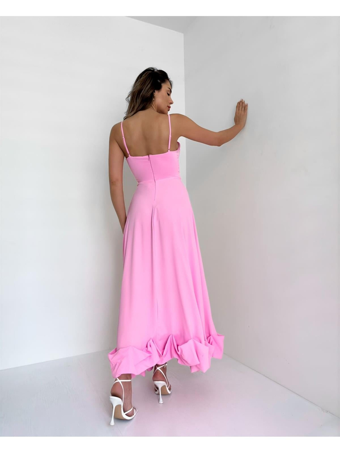 Şeker Pembe Alt Kıvrımlı Geniş Elbise