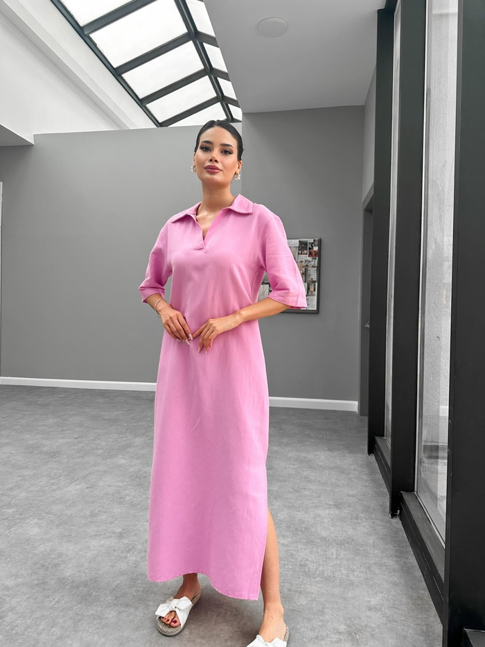 Şeker Pembe Keten Gömlek Elbise