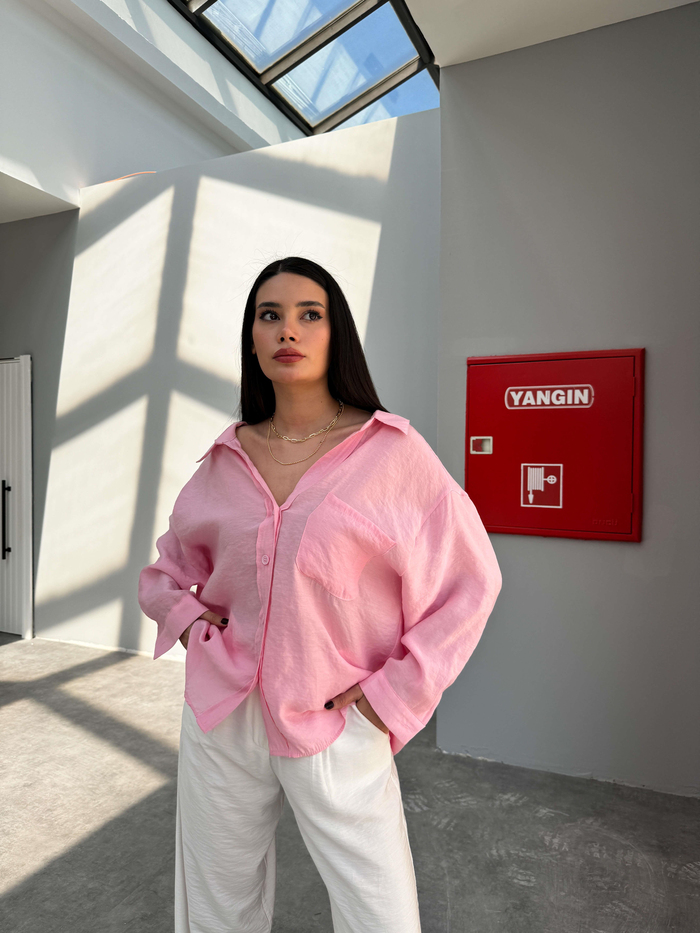 Şeker Pembe Low Shoulder Gömlek