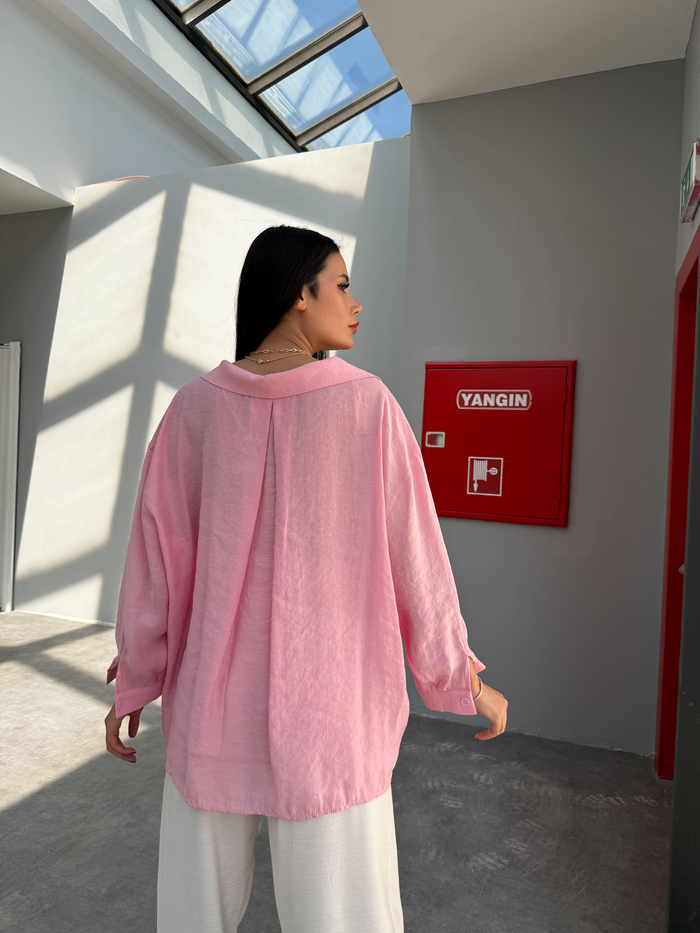 Şeker Pembe Low Shoulder Gömlek