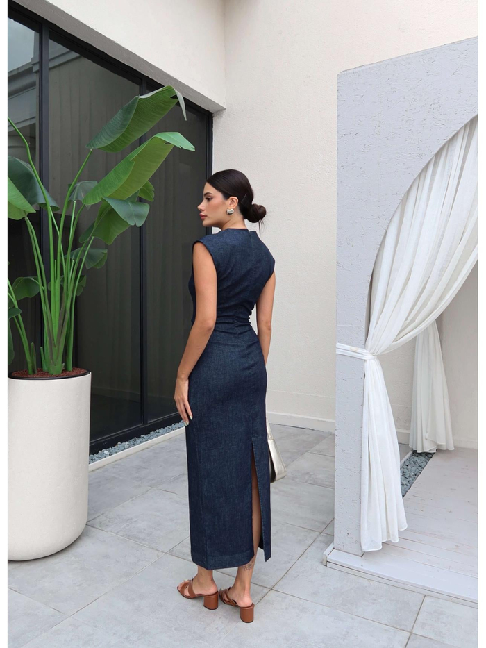 Sıfır Kol Bel Tokalı Denim Elbise