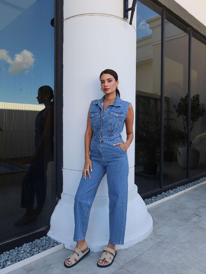 Sıfır Kol Cepli Denim Tulum