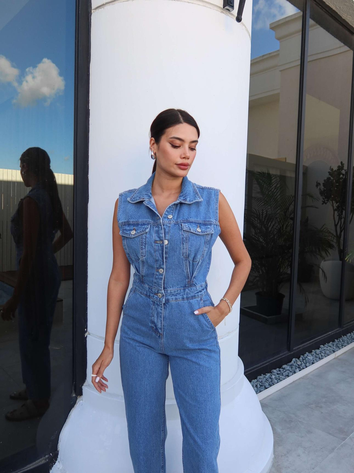 Sıfır Kol Cepli Denim Tulum