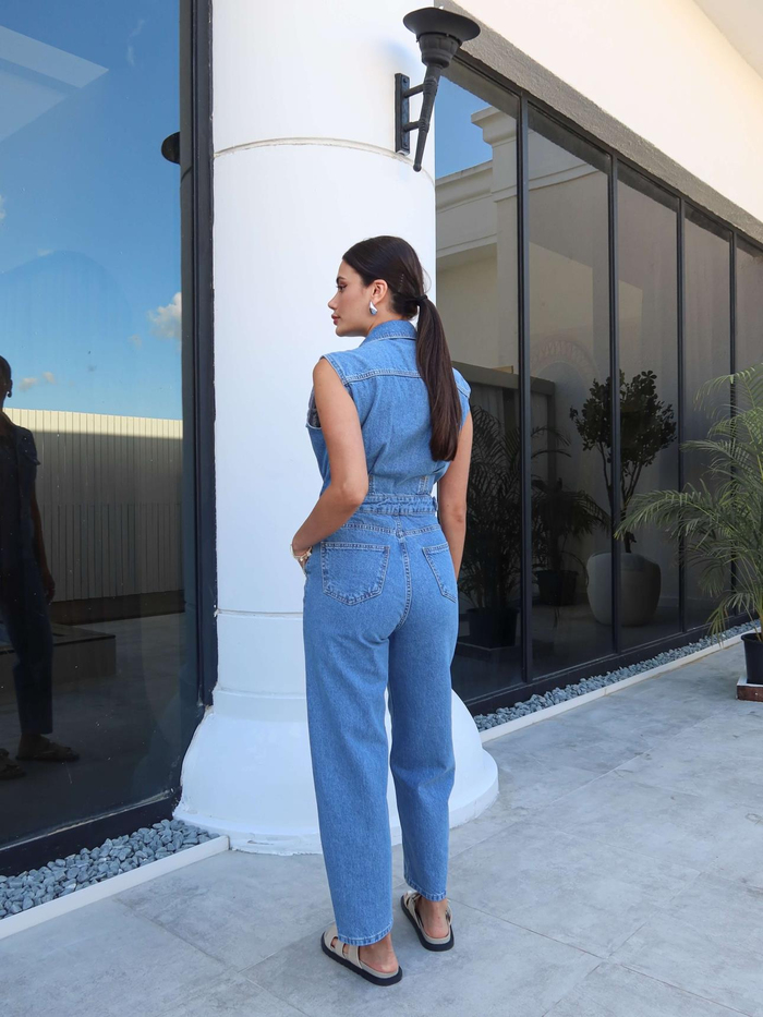 Sıfır Kol Cepli Denim Tulum