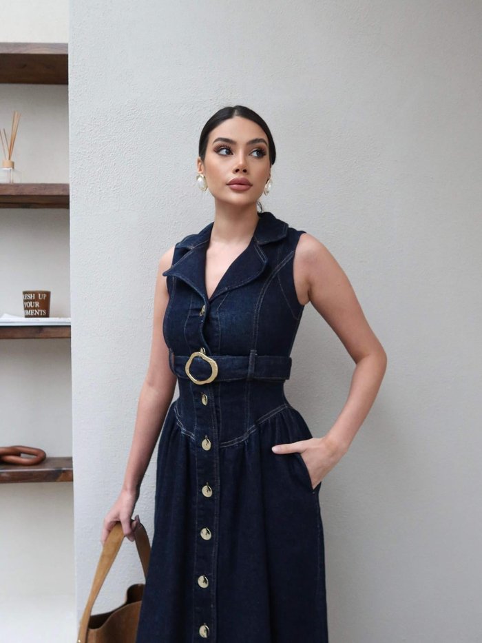 Sıfır Kol Kemerli Denim Elbise