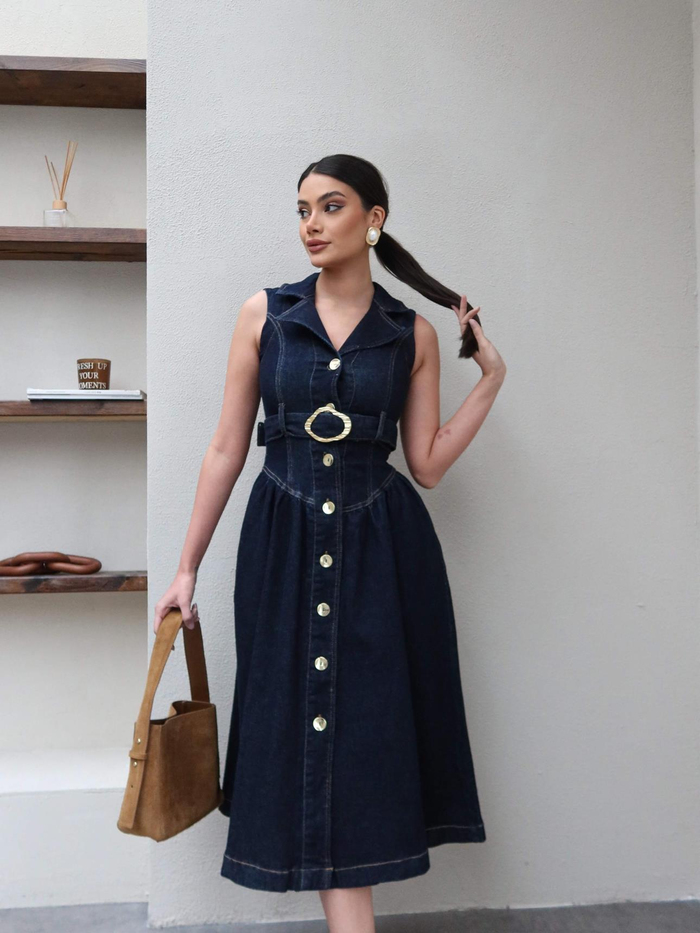 Sıfır Kol Kemerli Denim Elbise