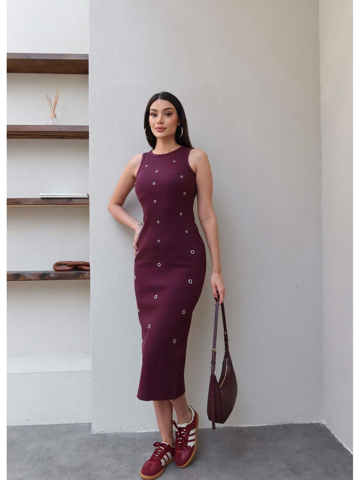 Sıfır Kol Kuşgözü Detay Midi Elbise