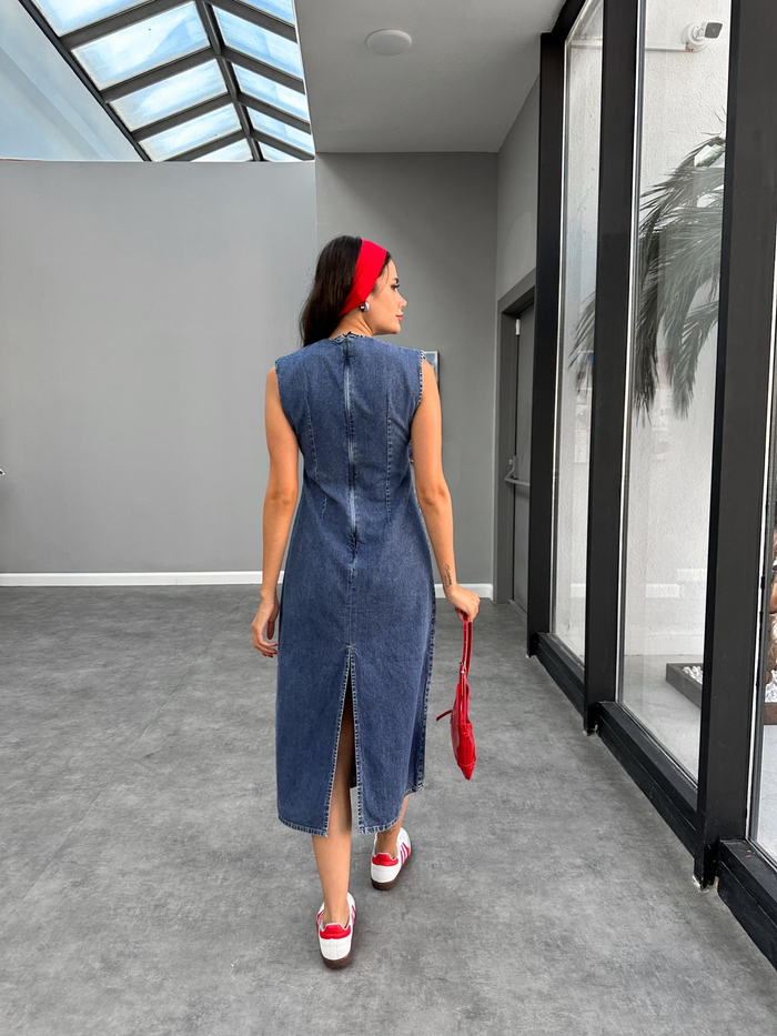 Sıfır Kol Yırtmaçlı Denim Jile Elbise