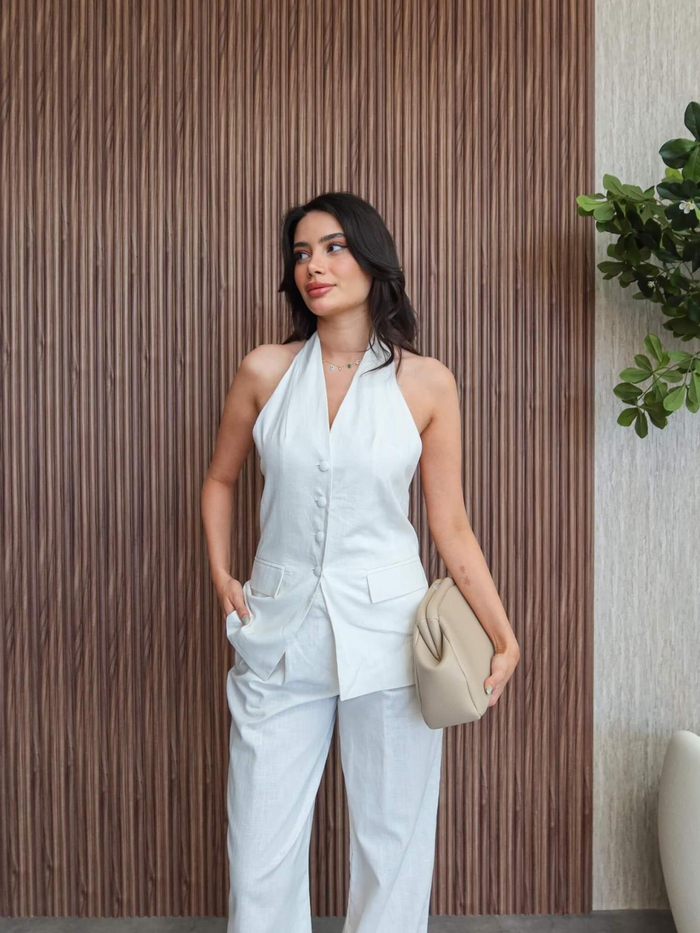 Sırt Açık Keten Pantolon Takım