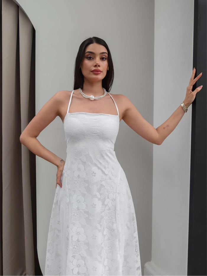 Sırt Bağlamalı Çiçek Desen Tül Elbise