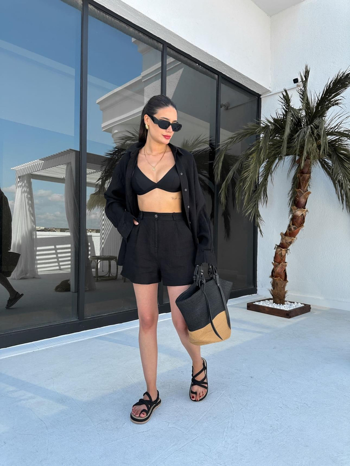 Siyah %100 Keten Şort