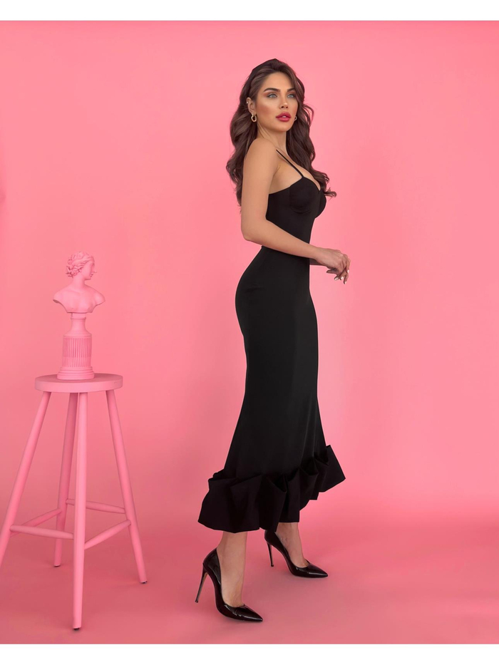 Siyah Alt Frilly Fitted Elbise
