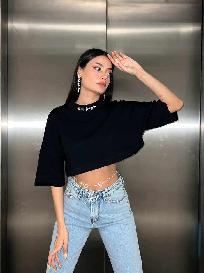Siyah Angels Baskılı Crop Tshirt