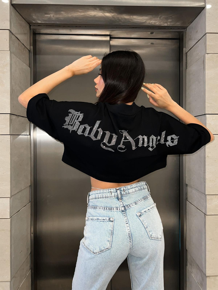 Siyah Angels Baskılı Crop Tshirt