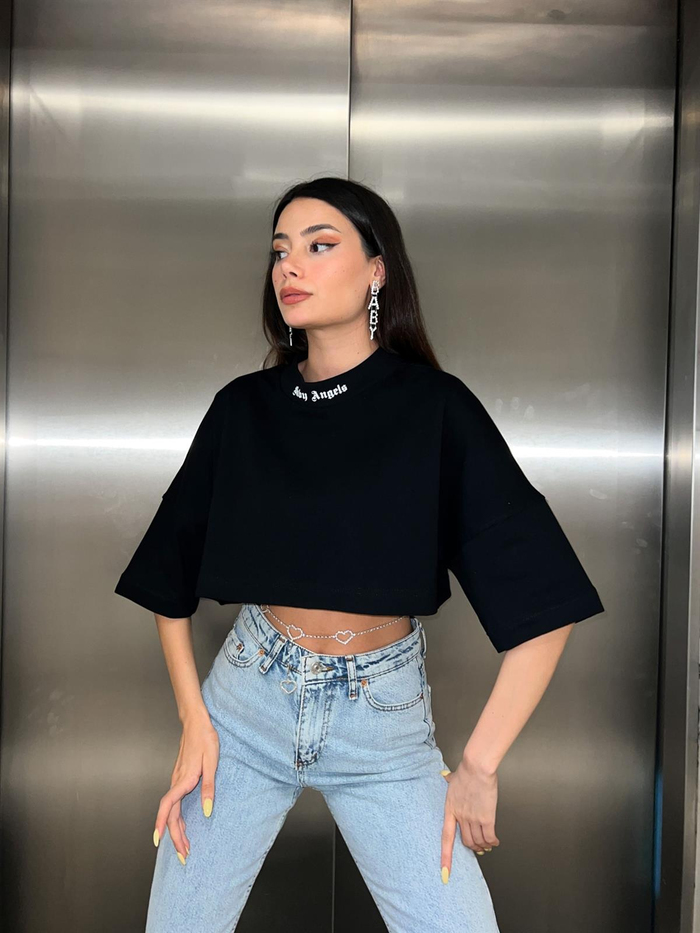 Siyah Angels Baskılı Crop Tshirt