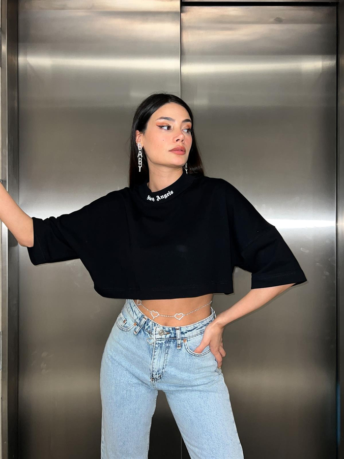 Siyah Angels Baskılı Crop Tshirt