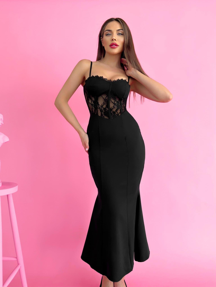 Siyah Askılı Lace Detail Elbise